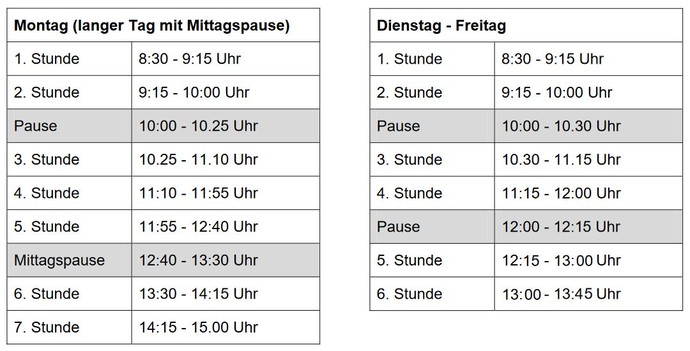 Tabelle mit Unterrichtszeiten als Bild Tabelle mit Unterrichtszeiten als Bild
